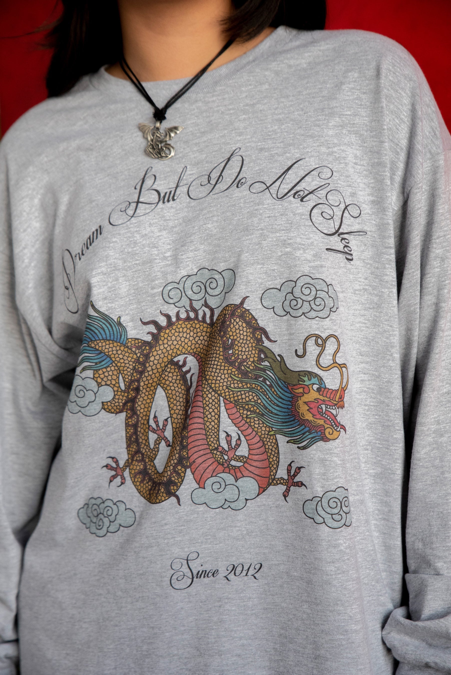 Long Sleeved T-shirt in Heather Grey With Chinese Dragon Print-1