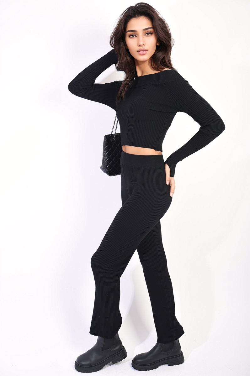 Knitted Long Sleeves Cropped Off Shoulder Top and Trousers Co-ord Set-3