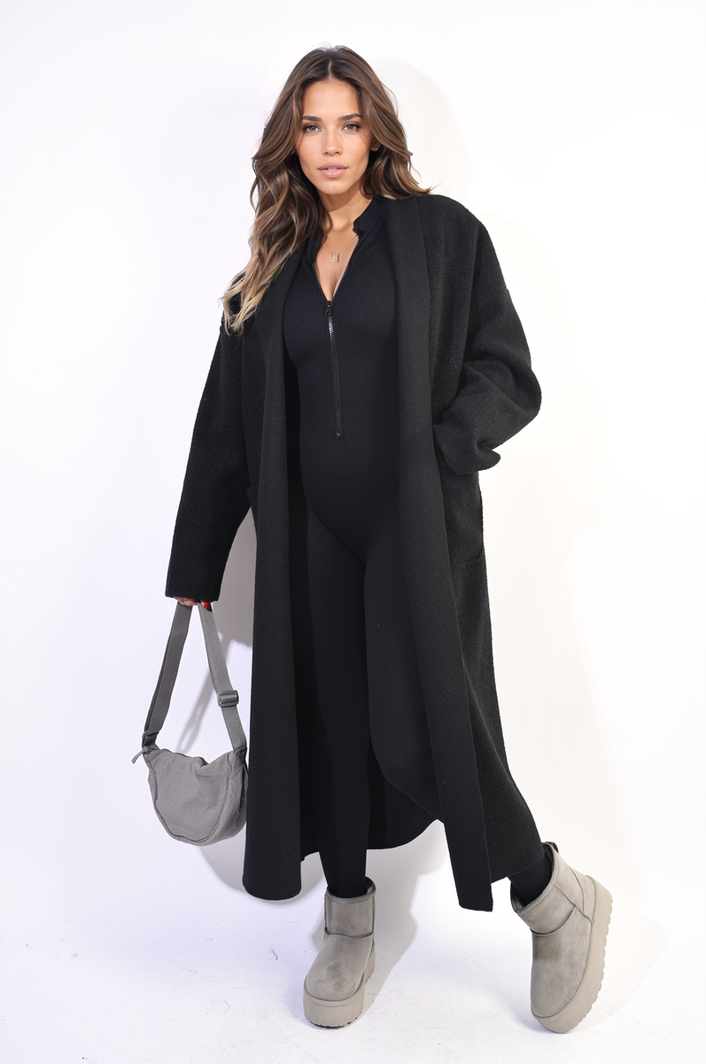 Open Front Pocket Long Loose Coat-5